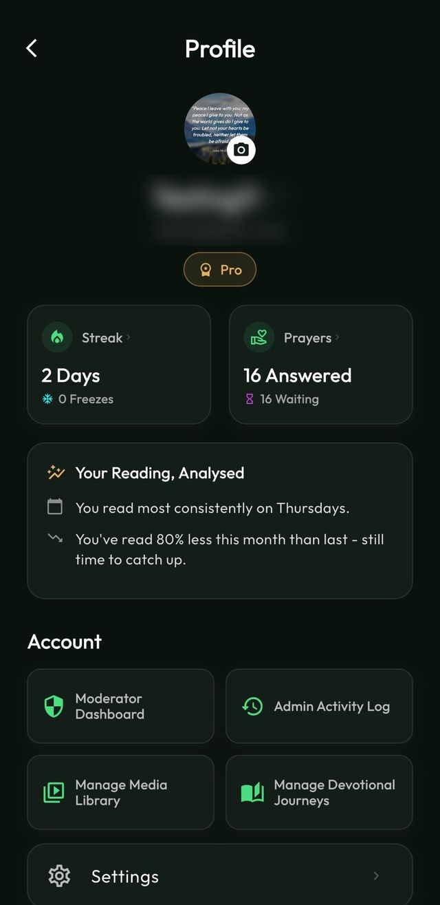 DivineWalk Profile and admin screen