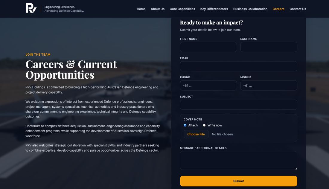 PRV Holdings Careers form page